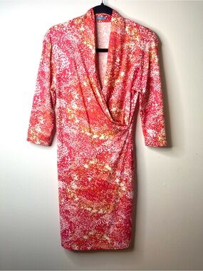 J. McLaughlin Draped V-Neck Sheath Dress Coral Multi Stretchy SZ S EUC